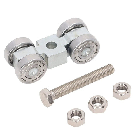 Heavy Duty Four Wheel Steel Pulley Assembly Featuring Deep Groove Ball Bearings For Smooth Rock Solid V Belt Drive And Strut Channel Gear That Kicks Ass And Never Craps Out with stainless steel bolt and nuts.
