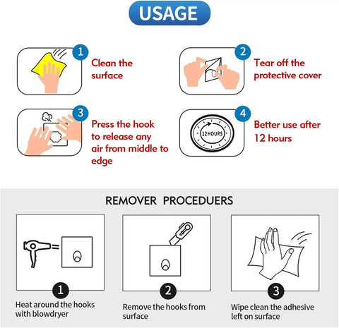 Instruction guide for No Drill 24 Pack Nail Free Transparent 304 Stainless Sticky Wall Hangers Heavy Duty Up To 24 Lb Waterproof.