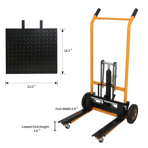 Built Tough Manual Pallet Stacker And Rolling Dolly Rig With Quick Swap Cargo Pallet Handles Hefty 440 Lbs Loads Stress Free Raises Up To Thirty Six Inches High For Easy Shop Floor Grind