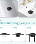 Super Slick Silicone Bathtub Drain Hair Catcher And Shower Guard. Collapsible drain catcher in bathroom sink, showcasing installation steps.