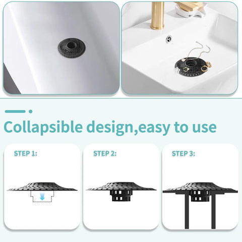 Super Slick Silicone Bathtub Drain Hair Catcher And Shower Guard. Collapsible drain catcher in bathroom sink, showcasing installation steps.