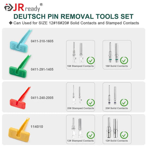 Pin Removal Tool Kit For Deutsch Connectors DT DTM DTP DTV HD Series, image showing color-coded tools and stamped contacts.