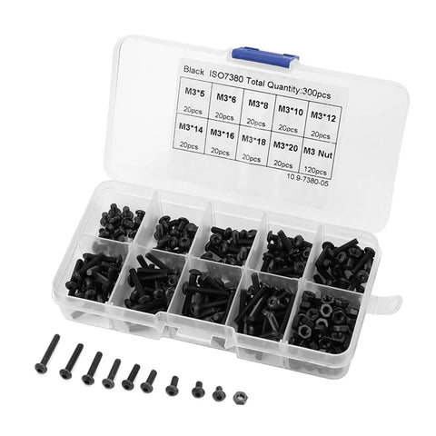 High Quality 300 Piece M3 Bolts And Nuts Set Featuring Black Button Head Hex Socket Screws Durable Machine Fastener Assortment Kit For Home Repair Projects With Organized Storage Box Heavy Duty Hardware Solutions Gets The Job Done Right Great Value Today. Black M3 bolt and nut assortment kit in organized storage box