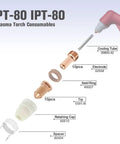 Diagram of 20Pcs Plasma Electrode And Nozzle Kit For PT80 IPT-80 PTM-80 showing brass electrodes, nozzles, and components.