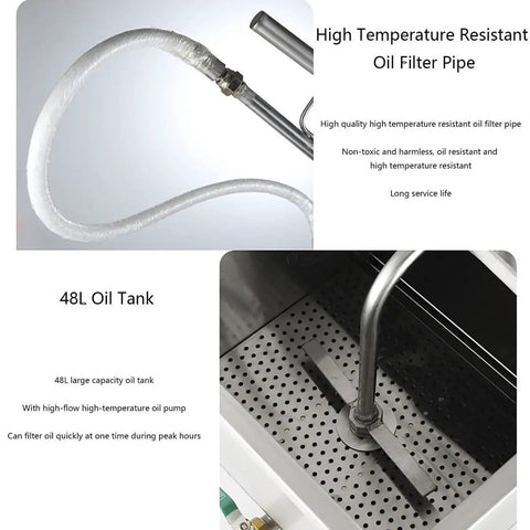 High temperature resistant oil filter pipe connected to a 48L tank for KYTGFH 550W Commercial Fryer Oil Filter Cart for Restaurant Deep Fryers.
