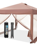 10x10 Pop Up Canopy Tent With Netting Quick Setup Instant Gazebo Shelter EZ Up Screen House With Carry Bag Height Adjustable For Outdoor Patio Garden Use Brown