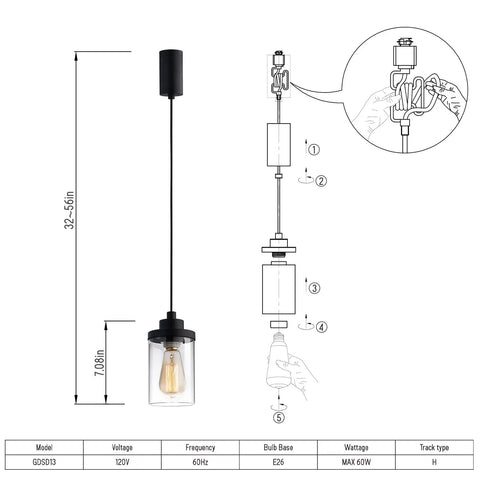 Slick Adjustable Black Track Lighting Pendants Offer No Sweat Setup And Kick Up Any Room While Fitting H Style Three Wire Tracks And Supporting Standard E26 Vintage Bulbs Pack Of 3, showcasing dimensions and installation details.