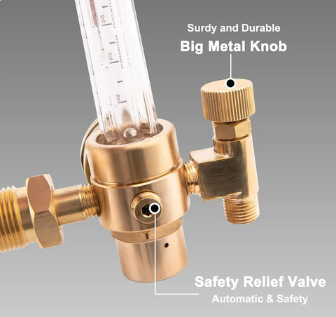 Close-up of brass Argon CO2 MIG welder regulator with gauge and adjustment knob, 6.6 ft hose