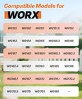 List of compatible WORX models for trimmer line spool set, including WG122, WG150, and more, displayed over a lawn background.