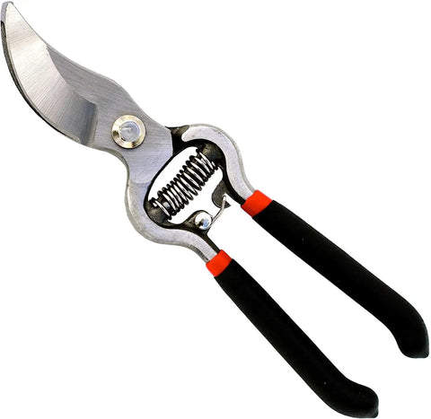 Heavy Duty Bypass Pruning Shears for Garden Pros with forged steel blades, safety lock, non-slip grips shown on white background