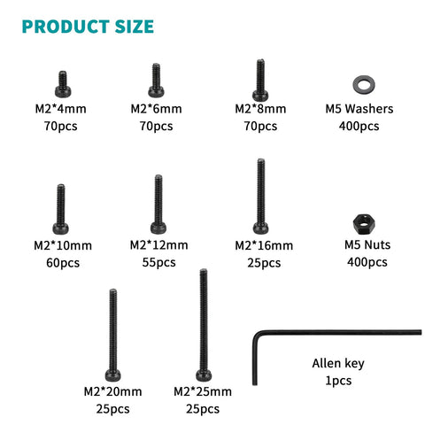 M2 Screws Bolts Nuts Assortment Kit With Washers, 1200 Pcs Hex Socket Head Cap Screws Nuts and Bolts Set; product size and contents shown.