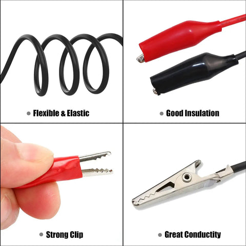 10 Piece Premium Electrical Crocodile Alligator Clip Test Lead Kit With Dual Ended Probes showing flexibility, insulation, and conductivity
