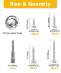 Self Tapping Screws Kit In 410 Stainless Steel 125 Piece Assortment With Driver No 10 Size Half Inch Three Quarter Inch One Inch One And A Half Inch Hex Washer Head Corrosion Resistant Fasteners Includes Five Sixteenths Inch Driver size chart