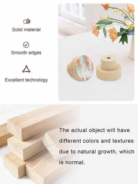 Two Pack Solid Beech Wood Cabinet Knobs 1.4 Inch Round Wooden Drawer Pulls With A Slick Green Forest Finish against wooden background.