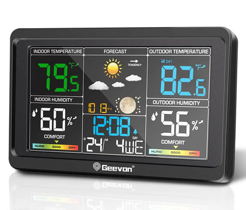 All-in-One Wireless Indoor Outdoor Weather Station With 7.5 Inch VA Color Display showing temperature and humidity.