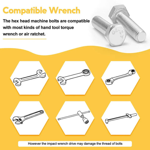 Two 1/4-20 By 2 Inch Hex Head Bolts Forged From Top Shelf 304 Stainless Steel with compatible wrench illustrations.