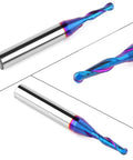Carbide ball-nose CNC end mill, 1/4 in shank, 1/8 in cutting diameter, nano blue coating, two spiral router bits