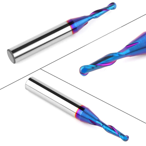 Carbide ball-nose CNC end mill, 1/4 in shank, 1/8 in cutting diameter, nano blue coating, two spiral router bits