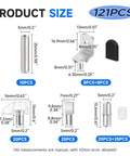 Product size chart for Heavy Duty 121 Piece Cabinet Shelf Support Pegs Kit showing different steel shelf pin sizes and quantities.