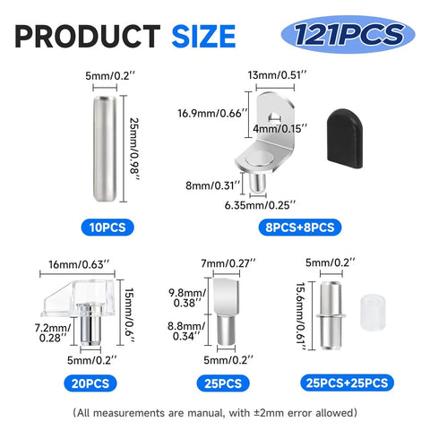 Product size chart for Heavy Duty 121 Piece Cabinet Shelf Support Pegs Kit showing different steel shelf pin sizes and quantities.