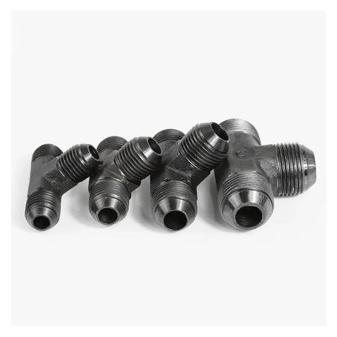 Heavy Duty Carbon Steel Hydraulic Male Tee Fitting Kit Sizes M10 to M24 for High Pressure Fluid Control Systems Built to Kill it on Job Site Without Any Messy Problems or Leaking Fluid Everywhere When You Are Under Pressure Making Serious Cash. carbon steel male tee fittings, angled view