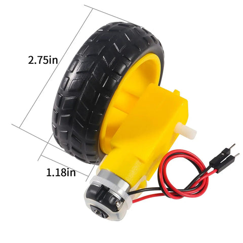 Prewired TT Gear Motor Wheel Kit For RC Cars And Robots, 69mm plastic tire, yellow gearbox, 3V-12V DC, dual shaft
