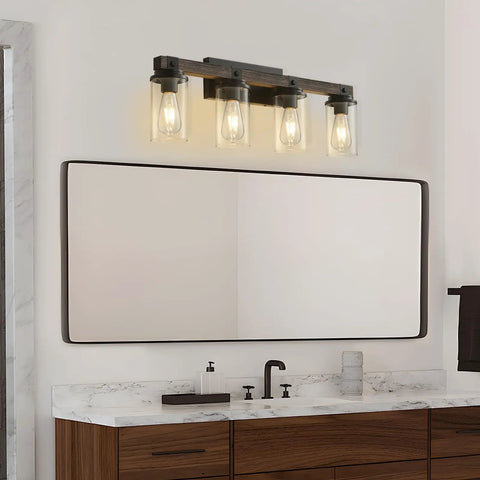 Rustic Black Four Light Vanity Wall Light Sconces For Bathroom Over Mirror Wood Finish Industrial Vintage Look