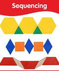 Plastic Pattern Blocks Set Of 250 for math manipulatives, showing hexagons, triangles, rhombuses, squares for sequencing activities.