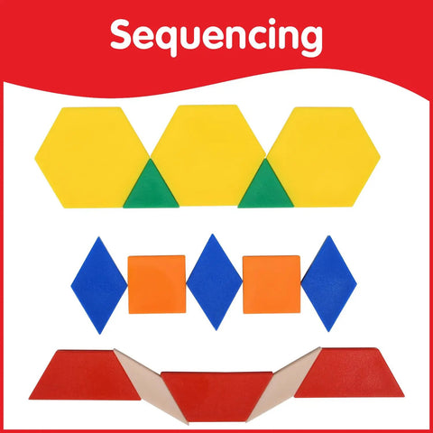 Plastic Pattern Blocks Set Of 250 for math manipulatives, showing hexagons, triangles, rhombuses, squares for sequencing activities.