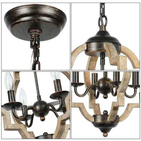 Close-up of 4 Light Orb Farmhouse Chandelier Stardust Finish Handmade Rustic Vintage Wood Light Fixture for dining rooms.