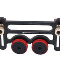 Precision Table Saw Guide Featherboard With Sliding Blocks And Double Wheel Bearing Roller top view showing black and red rollers.
