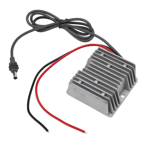 No Stress Step Up DC Boost Converter Cable with aluminum housing, grey wires, and red/black leads for reliable power boosting.