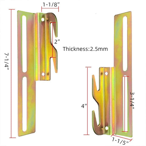 Top Shelf Galvanized Steel Bed Frame Conversion Brackets Four Pack shown side view with dimensions for easy hook-on setup.