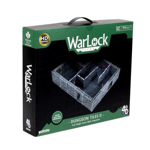 Box of Warlock Tiles Expansion Dungeon Tiles II Full Height 2-Inch Stone Walls Plug-And-Play Clips, showing assembled stone dungeon.