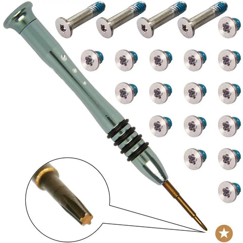 Solid Replacement Screws With Sharp P5 Pentalobe Driver For Macbook Air 13 Inch And Pro Unibody Bottom Case Repair Kit Fits 2010 To 2017 Models No Fuss Setup including screws and driver details.