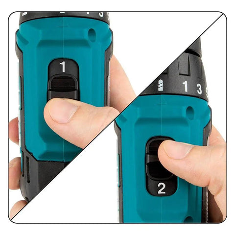 Close-up of hand adjusting speed settings on 12V Max Cordless Drill Driver Kit With 3/8 In Chuck Two 2Ah Batteries Renewed Variable