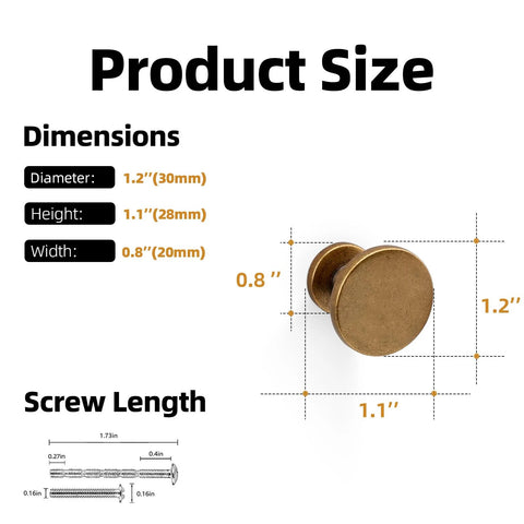 Dimensions of Set Of 10 Antique Brass Cabinet Knobs And Zinc Alloy Drawer Pulls for Kitchen Cabinets with screw details.