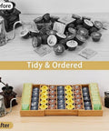 Expandable Bamboo K Cup Holder Drawer Organizer For Coffee Pods And Tea Bags Flexible 12.6 To 21.6 Inch Pod Storage Tray