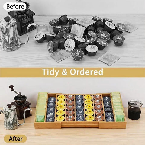 Expandable Bamboo K Cup Holder Drawer Organizer For Coffee Pods And Tea Bags Flexible 12.6 To 21.6 Inch Pod Storage Tray
