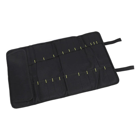 Open black Chef Knife Roll Bag With 20 Slot Cutlery Organizer Portable Canvas Storage for Home Kitchen Travel Camping Green 22.4 By 14 Inch