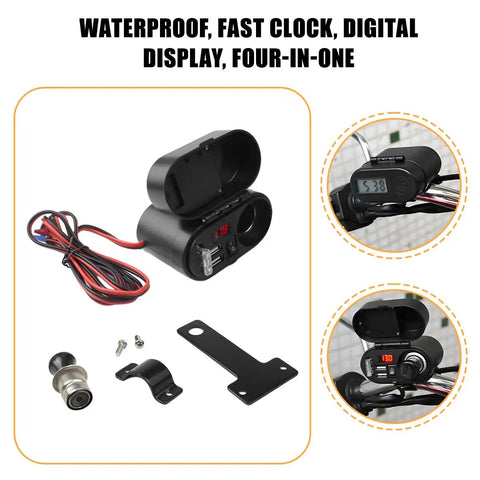 Dual USB Charger Socket 5 Volt 3 Amp 4 In 1 Motorcycle Handlebar Clamp Power Adapter with clock, voltmeter, and components