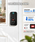 Lightning Fast Biometric Fingerprint Deadbolt with responsive keypad and low battery alert on white door.
