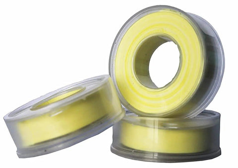 Three rolls of yellow Teflon Tape For Pipe Fittings And Plumbing Leaks 12mm By 10m Pack Of 5 Rolls Water Tap And RO Tap Sealant in plastic casing