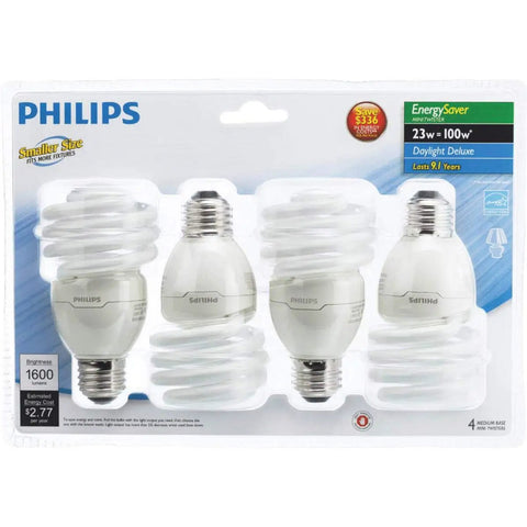 Bright White 6500K 23W Spiral CFL Light Bulbs 100W Equivalent Daylight Deluxe 4 Pack in clear packaging