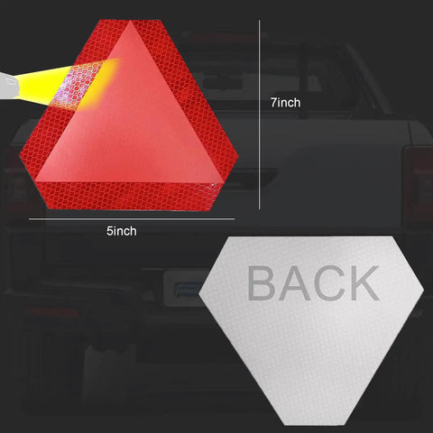 Slow Moving Vehicle Sign 2 Pack 7x8 Diamond Grade Reflective Safety Sticker For Golf Carts Red Decal SMV Sign And Car Safety Decal Easy Peel Vinyl For High Visibility On Roads And Parking Areas, showing a red reflective sign measuring 7x5 inches with a car in the background.