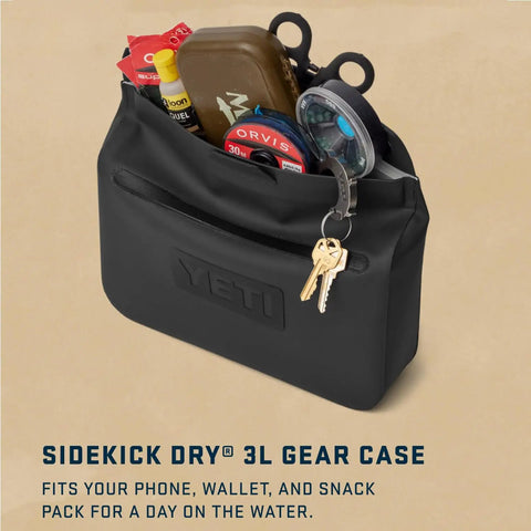Sidekick Dry 3L Gear Case waterproof organizer for outdoor adventures with keys and items inside, charcoal rugged DryHide shell.