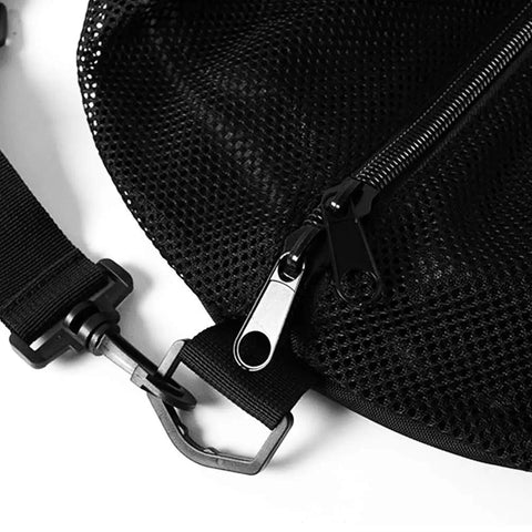 Close-up of black zipper and strap on Massive 32 Inch Mesh Scuba Gear Duffel With Detachable Shoulder Strap Heavy Duty Waterproof Dive Bag
