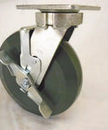 8 Inch Swivel Caster Kingpinless With Built In Wheel Brake And Non Marking Gray Polyurethane Wheel Hella Smooth For High Capacity Industrial Tool Carts side view showing brake and wheel.