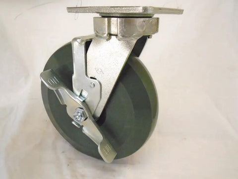 8 Inch Swivel Caster Kingpinless With Built In Wheel Brake And Non Marking Gray Polyurethane Wheel Hella Smooth For High Capacity Industrial Tool Carts side view showing brake and wheel.
