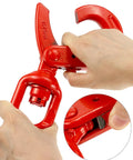 Hands gripping a Heavy Duty Rock Solid G80 Alloy Steel Swivel Self Locking Hook 3/8 Inch showing locking mechanism detail.